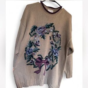 Vintage Hand embroidered Christopher & Banks Beige Sweater with Floral wreath